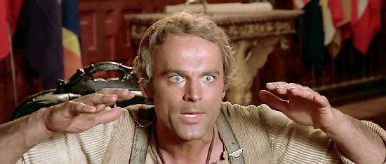 Terence HIll as Joe Thanks, explaining Indian affairs to the major in A Genius, Two Partners and a Dupe (1975)