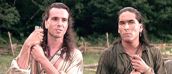 Daniel Day-Lewis as Hawkeye and Eric Schweig as Uncas when a British recruiting officer comes to visit in Last of the Mohicans (1992)
