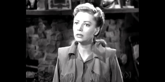 Isabel Jewell as Belle Starr, wondering which men defied her orders in Belle Starr's Daughter (1948)