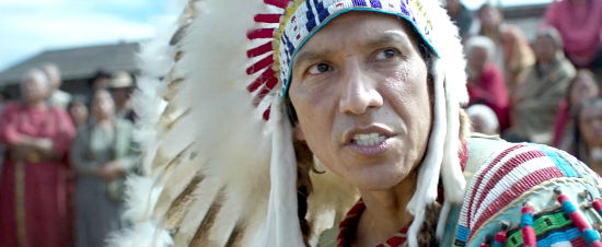 Michael Greyeyes as Sitting Bull, speaking his mind to the Indian commission in Woman Walks Ahead (2017)