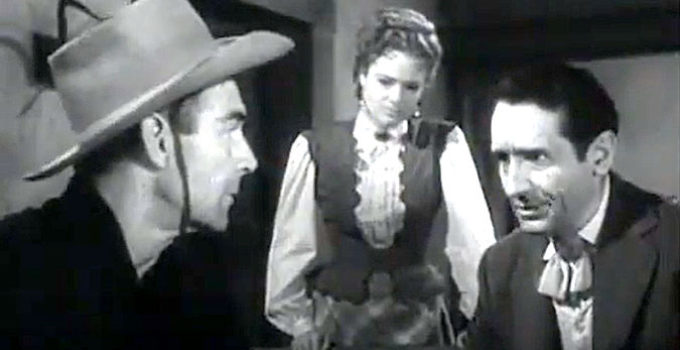 Randolph Scott as Jim Dancer with Victor Jory as Dave Oldham and Jane Nigh as Florence Peel in Fighting Man of the Plains (1949)