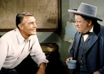 Randolph Scott as James Barlow with Edgar Buchanan as Judge Howard Petrie in Rage at Dawn (1955)