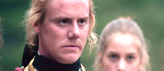 Steven Waddington as Maj. Duncan Heyward, confronting Hawkeye in Last of the Mohicans (1992)