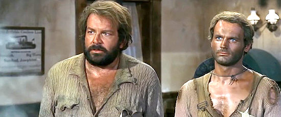 Bud Spencer as Bambino and Terence Hill as Trinity about to engage in a barroom brawl in They Call Me Trinity (1970)