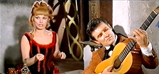 Scilla Gabel as Barbara Donovan, wondering what happened to her loaded dice, and Gianni Meccia as Ricky in Djurado (1966)