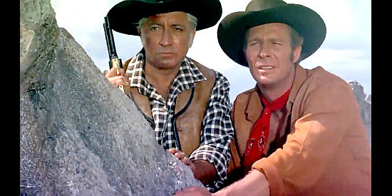 Andrea Fantasia as former sheriff Raf and Fred Beir as Rudy Valance in Three Lead Dollars (1964)