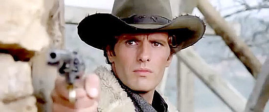 GIuliano Gemma as Roy Blood, realizing the Barrett he's been offered money to kill is only a child in Silver Saddle (1978)
