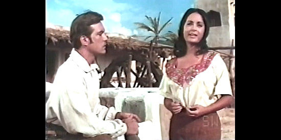 Gustavo Rojo as Lt. Potoca, wondering what's on the mind of Karja (Theresa Lorca) in Treasure of the Aztecs (1965)