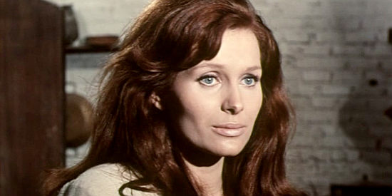 Erika Blanc as Martha Sonnier (aka Walton), her peaceful life interrupted in Stagecoach of the Condemned (1970)