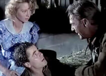 Evelyn Keyes as Allison McLeod, Glenn Ford as Cheyenne Rogers and Randolph Scott as Steve Upton in The Desperadoes (1943)