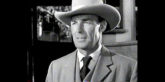 Randolph Scott as Bat Masterson, arriving to bring law and order to Liberal, Kansas, in Trail Street (1947)