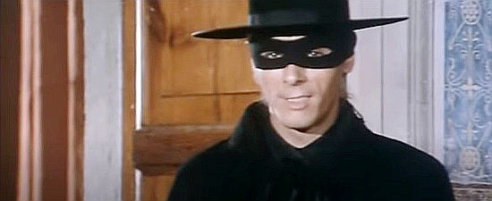 Alberto Dell'Acqua (Robert Widmark) as Zorro, a revoluntionary ally with a great knack for timing in Son of Zorro (1973)