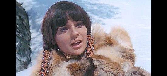 Catharine Conti as Akaena, the young Indian girl who realizes she's trusted the wrong man in The Cry of the Black Wolves (1972)