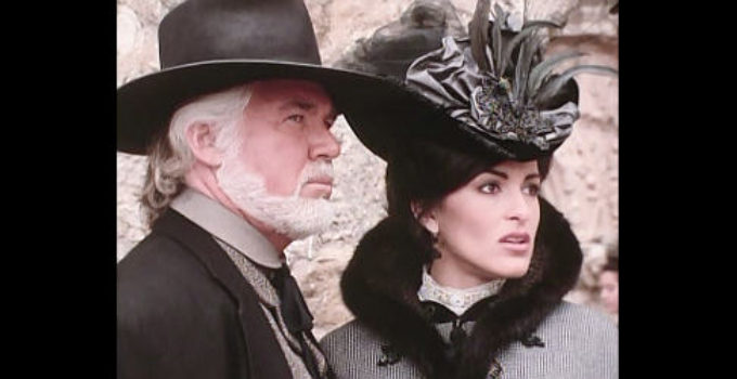 Kenny Rogers Brady Hawkes and Mariska Hargitay as Etta Place, confronted by Pinkerton detectives in The Gamber V, Playing for Keeps (1994)