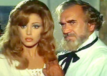 Maria Pia Conte as Isabel and Jose Jaspe as Gov. Don Fernando witness a duel between two Zorros in Zorro's Latest Adventure (1969)