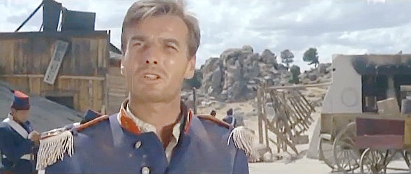 Mario Valdemarin as Capt. Claremont explains options to his French troops in Mutiny at Fort Sharp (1966)