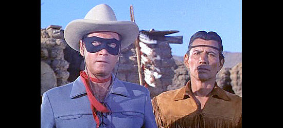 layton Moore as The Lone Ranger and Jay Silverheels as Tonto, investigating the killings in The Lone Ranger and the Lost City of Gold (1958)