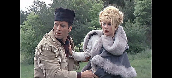 George Martin as Victor DeFrois and Giulia Rubini as Ann Sullivan, fleeing and outnumbered in Canadian Wilderness (1965)
