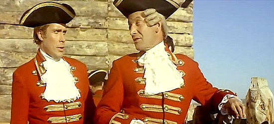 Jack Taylor as Maj. Duncan Heywood with Paul Muller as Col. Munro, talking about the French siege in Fall of the Mohicans (1965)