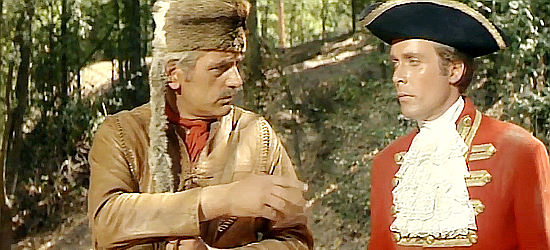 Luis Induni as Hawkeye and Jack Taylor as Maj. Duncan Heywood talk strategy in Fall of the Mohicans (1965)