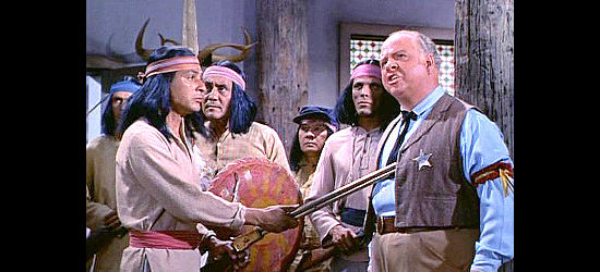 Maurice Jara as Indian leader Redbird confronts racist sheriff Oscar Matthison (Charles Watts) in The Lone Ranger and the Lost City of Gold (1958)
