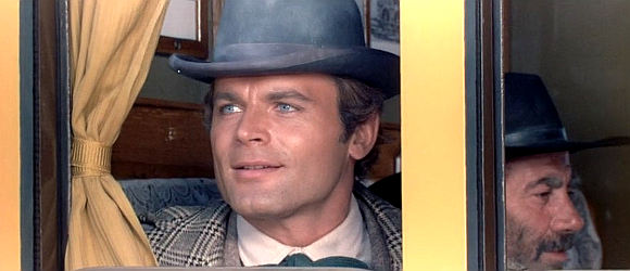 Terence Hill as Sir Thomas Moore gets his first glimpse of the West in Man of the East (1972)
