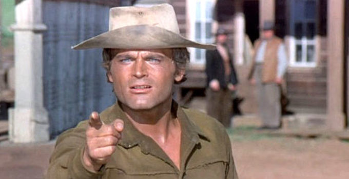 Terence Hill as Sir Thomas Moore prepares for his showdown with Morton Clayton in Man of the East (1972)