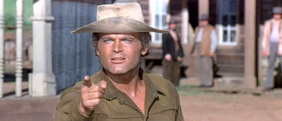 Terence Hill as Sir Thomas Moore prepares for his showdown with Morton Clayton in Man of the East (1972)