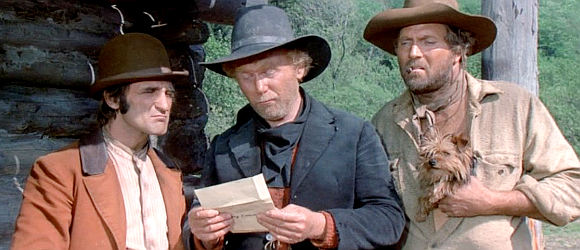 The three buddies, Bill 'Bull' Schmidt (Gregory Walcott), Holy Joe (Harry Carey Jr.) and Monkey Smith (Dominic Barto), read a letter from Thomas Moore's dad in Man of the East (1972)