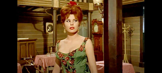 Dominique Boschero as Sherry, the saloon girl who tries to poison the newcomers in A Dollar of Fear (1960)