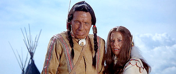 Iron Eyes Cody as Standing Bear comforts Beth Colter (Lana Wood) in Grayeagle (1977)