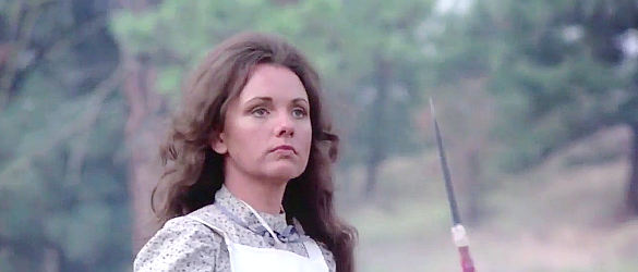 Dawn Wells as Clayanna Finley, defiant shortly after her capture by Winterhawk in Winterhawk (1975)