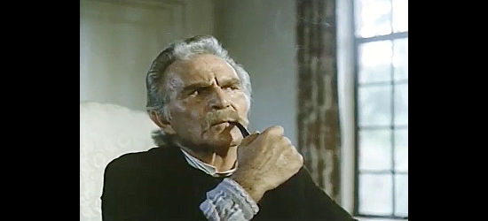 Henry Wilcoxon as Trevor Kingman, learning of a plan to use his governorship to futher the Southern cause in Pony Express Rider (1976)