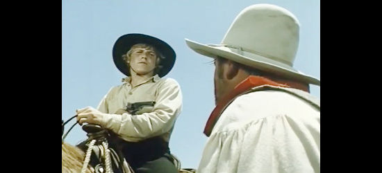 Stewart Peterson as Jimmie D. Richardson, setting out on his trail of revenge in Pony Express Rider (1976)