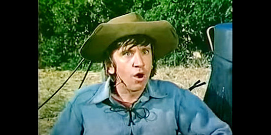 Bob Denver as Dusty, excited about the prospect of getting to scout the trail in The Wackiest Wagon Train in the West (1976)