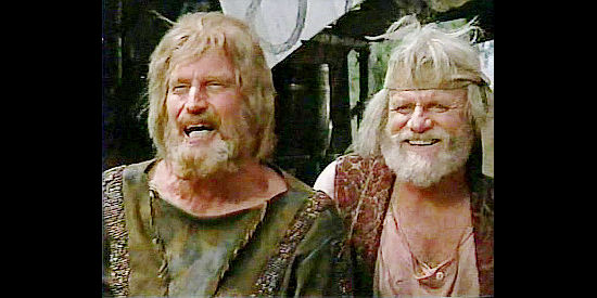 Charlton Heston as Bill Tyler and Brian Keith as fellow fur trapper Henry Frapp at Rendezvous in The Mountain Men (1980)