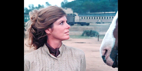 Katherine Ross as Kate Connery, the pre-war love Dal Travern is determined to rescue in The Shadow Riders (1982),