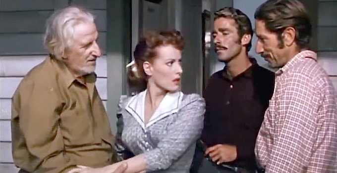 Finlay Currie as Michael McGuire introduces daughter Dell (Maureen O'Hara to Richard Connor (Peter Lawford) and John W. Gamble (Richard Boone) in Kangaroo (1952)