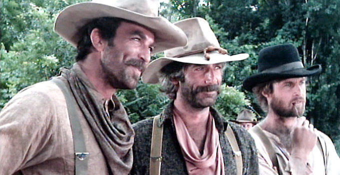 Tom Selleck, Sam Elliott and Jeff Osterrhage as Mac, Dal and Jesse Travern in The Shadow Riders (1982)