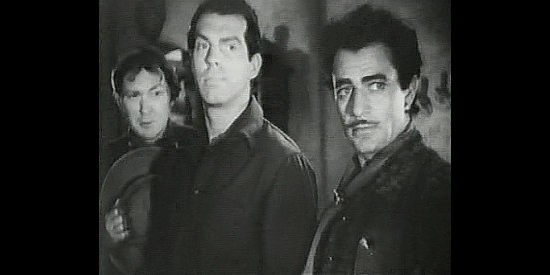Albert Dekker as George Bird, Fred MacMurray as Gil Farra and Gilbert Roland as Antonio Sierra meet Col. Redstock in Rangers of Fortune (1940)