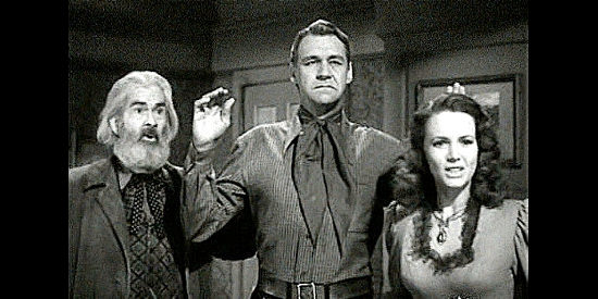 Gabby Hayes as Windy Lucas, Sonny Tufts as Thomas Kilpatrick and Barbara Britton as Cherry in The Untamed Breed (1948)