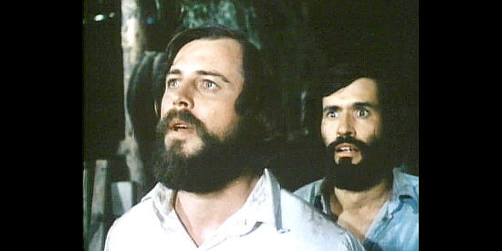 Maurice Grandmaison as Brigham Young and John Mason as Heber watch a plague of locusts descend on the Mormons' fields in Savage Journey (1983)