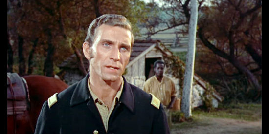 Peter Mark Richman as Gard Jordan, warning of approaching Confederate cavalry in Friendly Persuasion (1956)