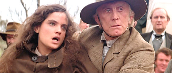Sigrid Thorton as Jessica Harrison, comforted by her father (Kirk Douglas) and snapping at the young man she just met in The Man from Snowy River (1982)