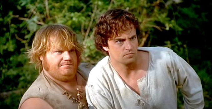 Chris Farley as Bartholomew Hunt and Matthew Perry as Leslie Edwards in Almost Heroes (1998)