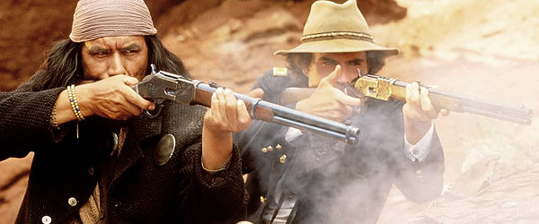 Wes Studi as Geronimo and Jason Patric as Lt. Charles Gatewood try to scare off a posse intent on hanging the Apache chief in Geronimo, An American Legend (1993)