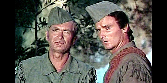 Buddy Ebsen as Sgt. Hunk Marriner and Keith Larsen as Maj. Robert Rogers, speculating about traitors in Frontier Rangers (1959)