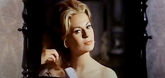 Germana Monteverdi Mercedes (Pat Greenhill) as saloon girl Cora, about to be surprised by Clark's return in Ruthless Colt of the Gringo (1966)