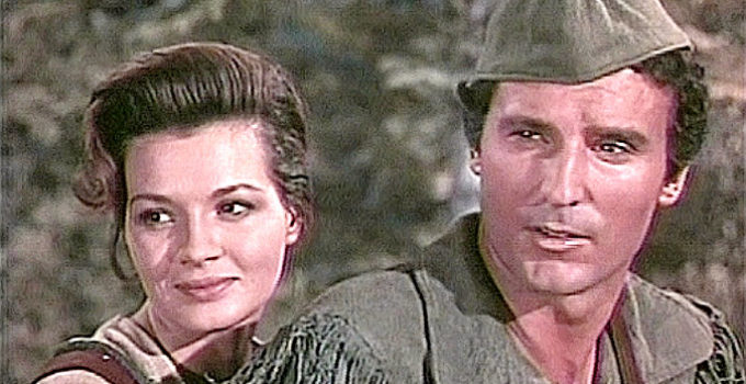 Angie Dickinson as Rose Carver and Keith Larsen at Maj. Robert Rogers in Frontier Rangers (1959)