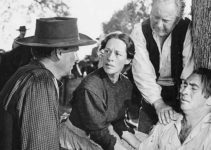 Frank James (Wendell Corey), Mrs. Samuels (Anne Revere) and Dr. Samuels (Edgar Buchanan) with Jesse James (Macdonald Carey) in The Great Missouri Raid (1951)